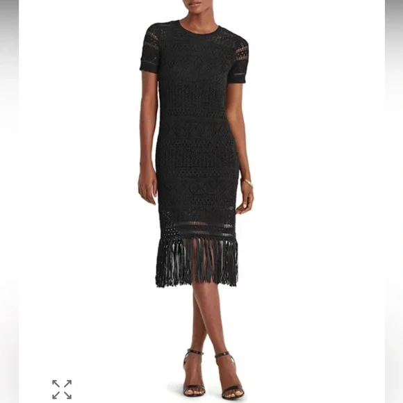 Ralph Lauren Black Crochet Fringe Midi Dress